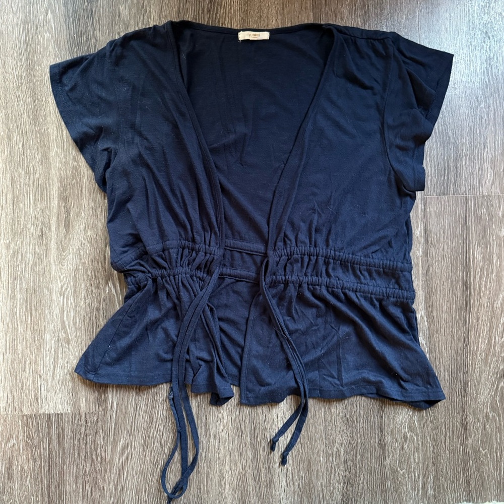 Maurices | Navy Blue Short Sleeve Drawstring Blouse Shirt